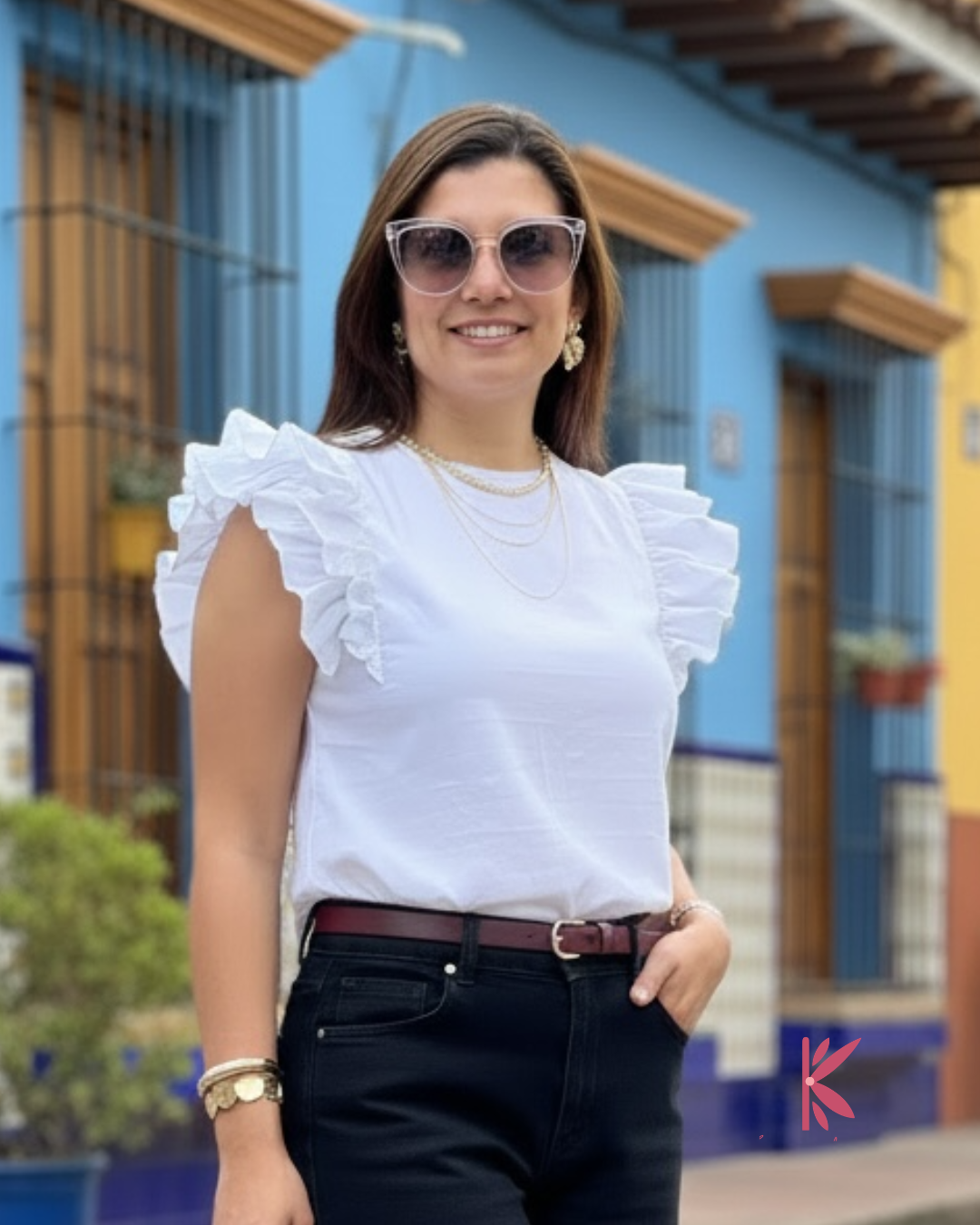 Blusa manga corta sisa con boleros popelina licrada Paulina