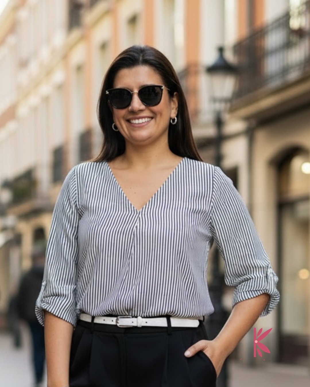 Blusa manga corta cuello V chalis premium rayas Carla