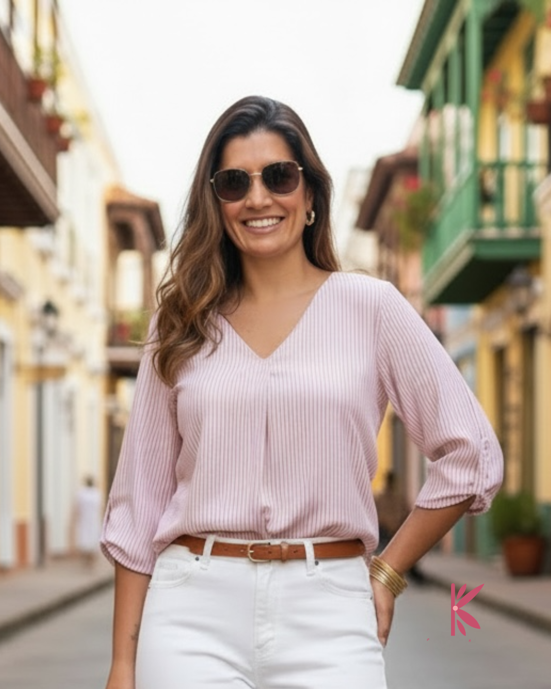 Blusa manga corta cuello V chalis premium rayas Carla