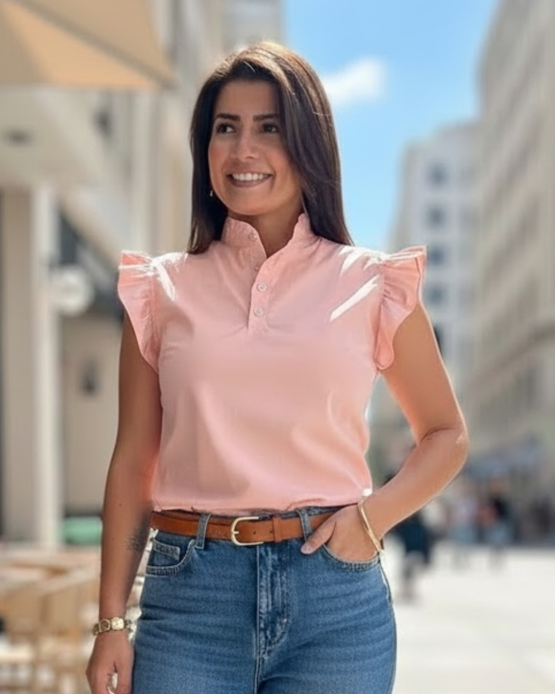 Blusa manga corta con arandelas popelina licrada Cintia