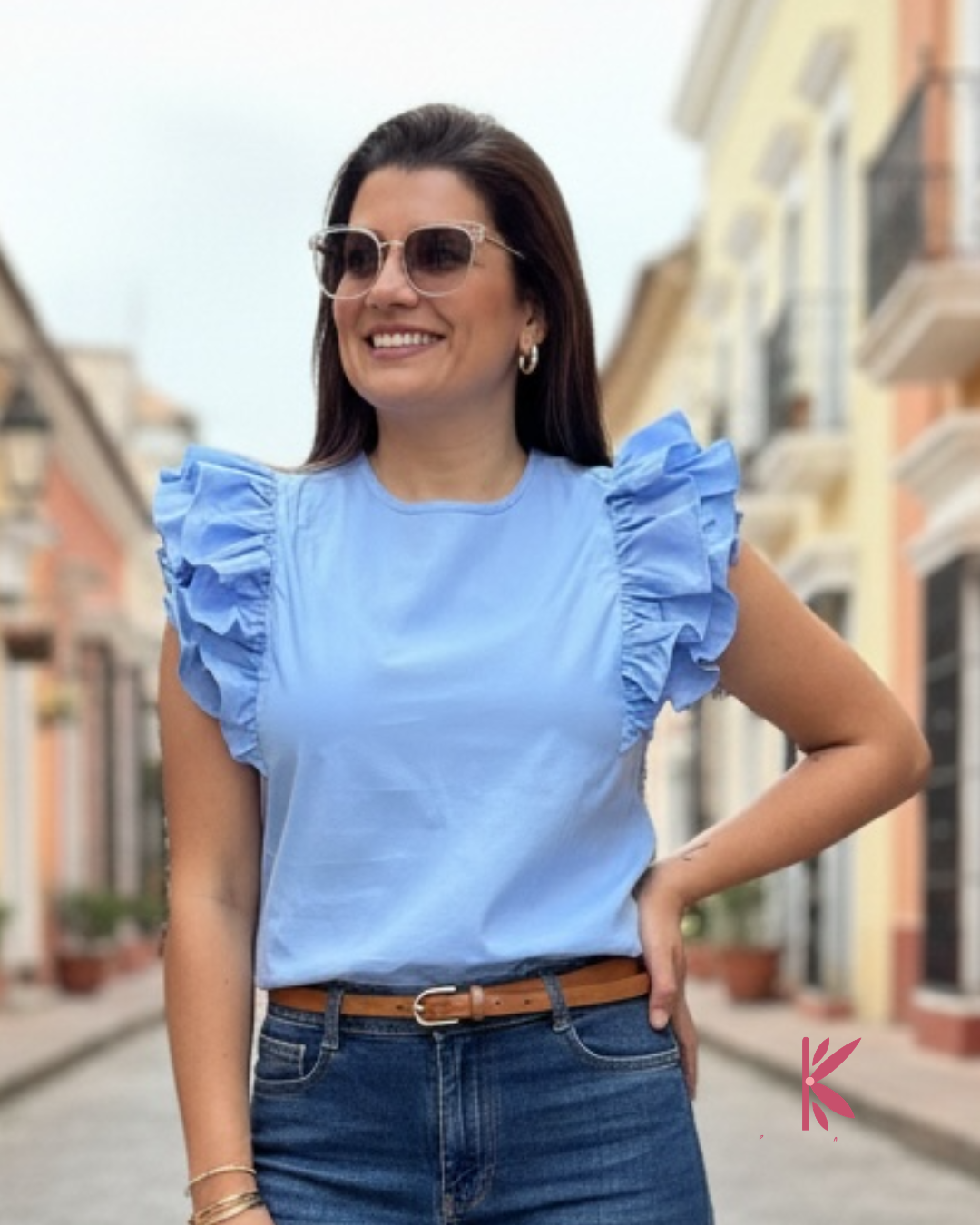 Blusa manga corta sisa con boleros popelina licrada Paulina