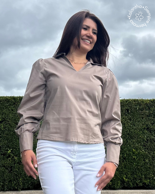 Blusa cuello camisero manga larga popelina licrada Violeta
