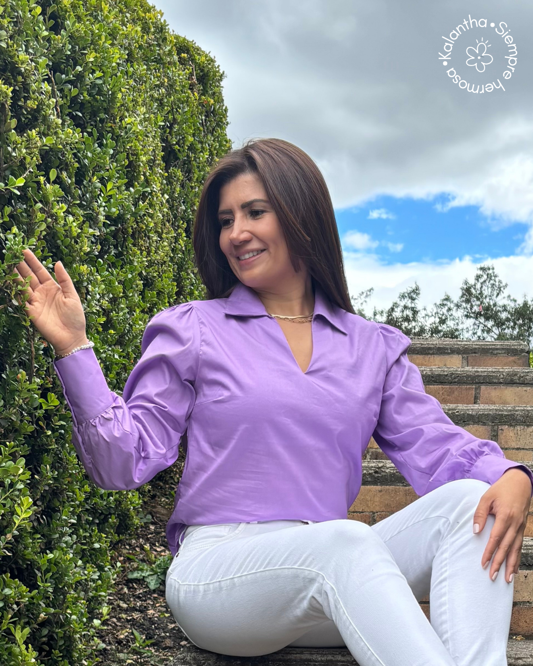 Blusa cuello camisero manga larga popelina licrada Violeta