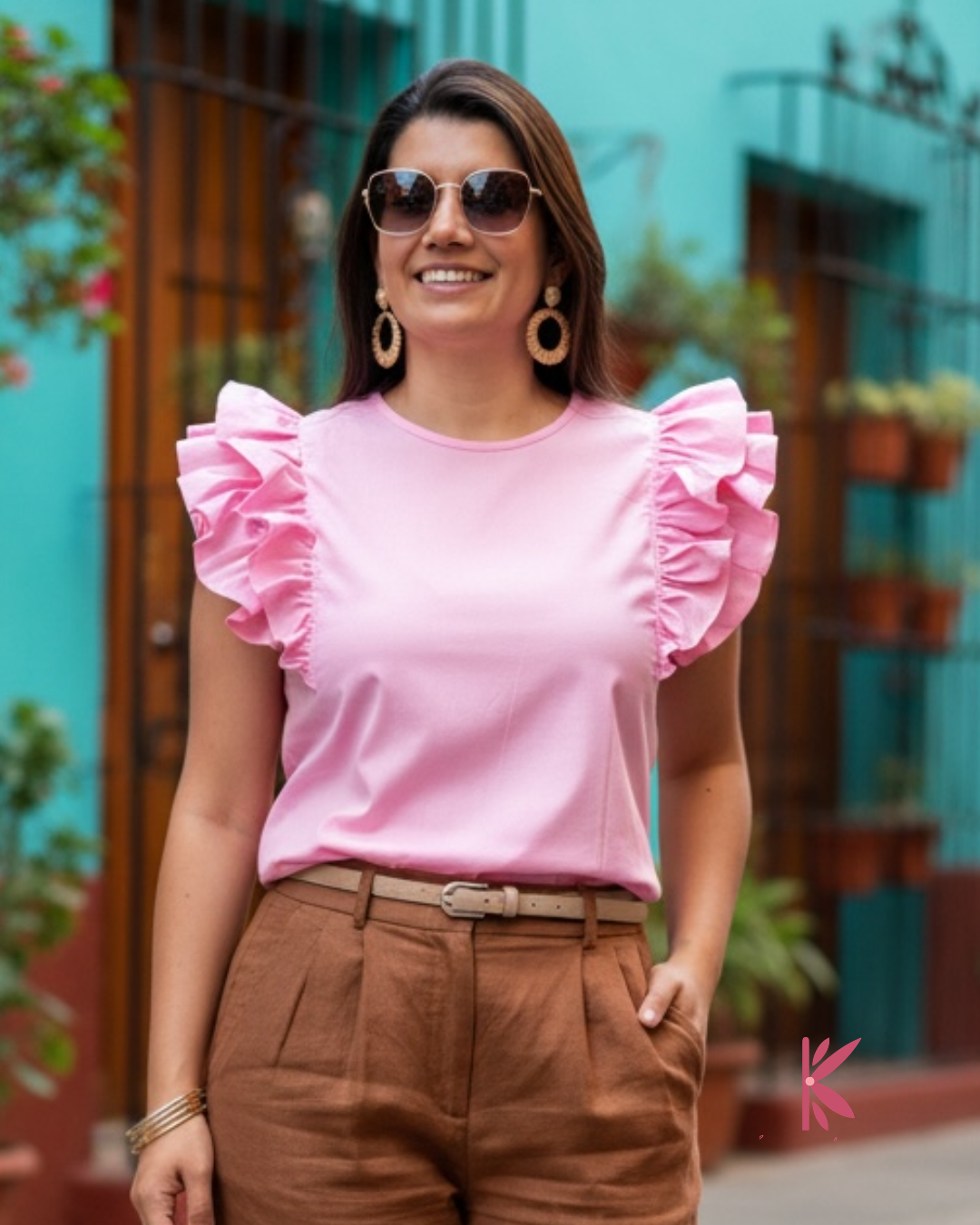 Blusa manga corta sisa con boleros popelina licrada Paulina